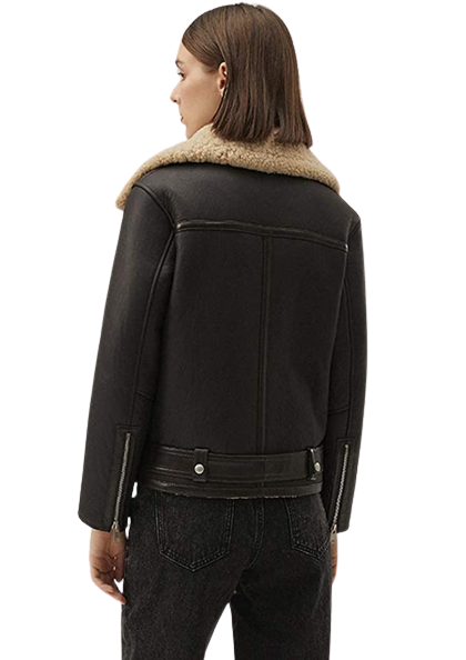 Matte Black Shearling Leather Jacket Women For Sale