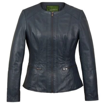 Collarless Leather Blazer Women Navy Zing Apparel