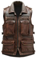 Men Distressed Brown Military Style Leather Vest Zing Apparel