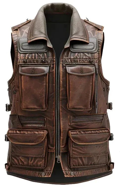 Men Distressed Brown Military Style Leather Vest Zing Apparel