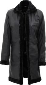 Men Black Leather Long Coat With Shearling Lining