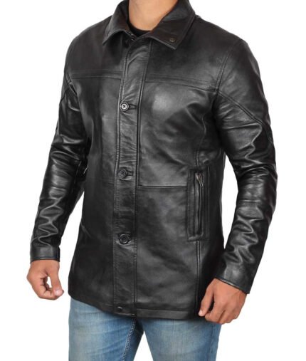 Mens Black Leather Car Coat