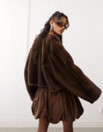 Monki Faux Fur Jacket With Hook And Bar Front In Brown - Image 2