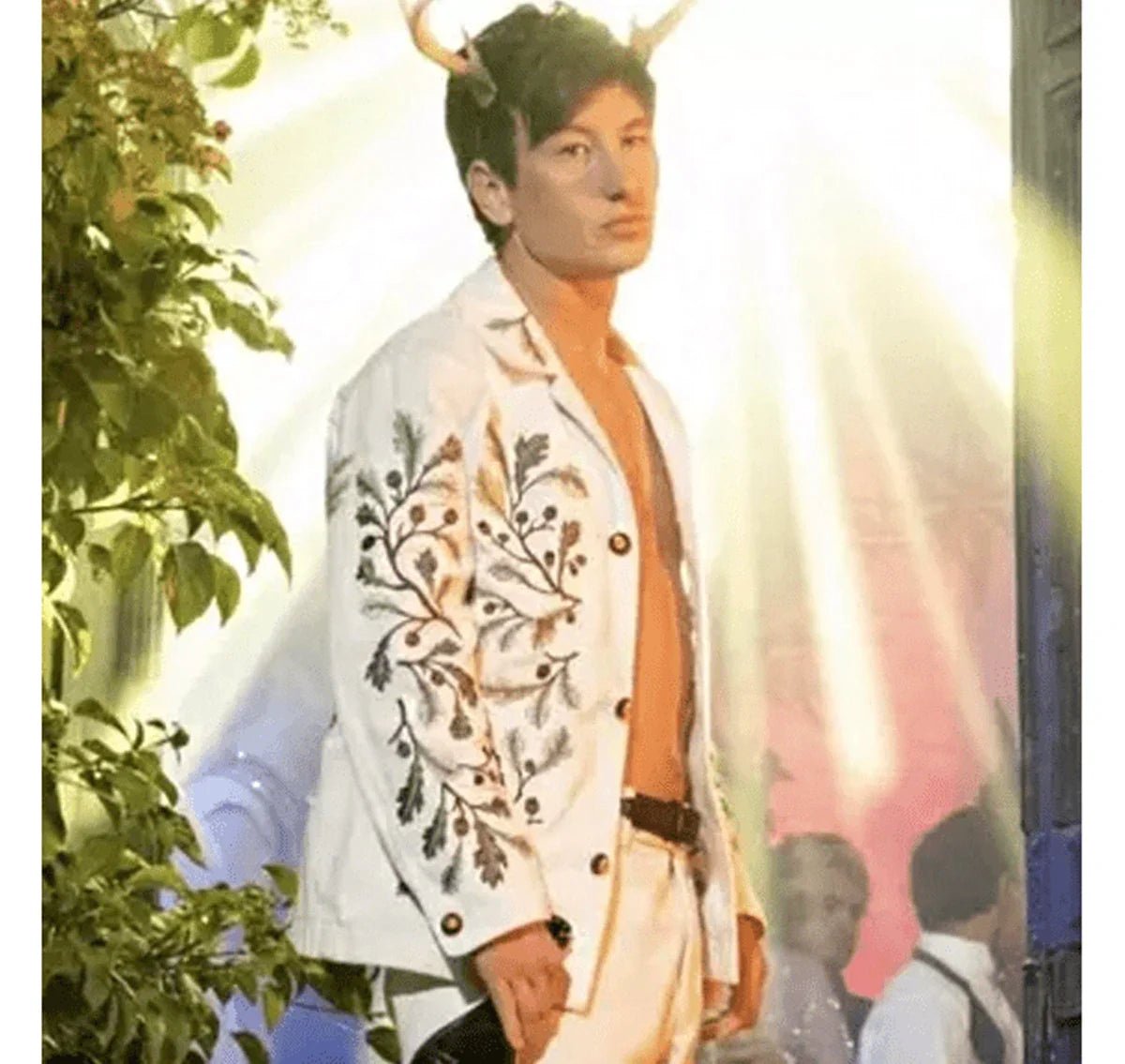 Oliver-Quick-Saltburn-2023-Barry-Keoghan-Green-Leaf-Embroidered-White-Jacket Saltburn 2023 Barry Keoghan Green Leaf Embroidered Jacket - Image 1
