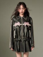 Pink-Bow-Leather-Oversized-Jacket-For-Womens