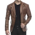 2 Button Lambskin Leather Blazer Men, Brown Zing Apparel