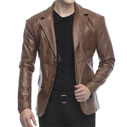 2 Button Lambskin Leather Blazer Men, Brown Zing Apparel