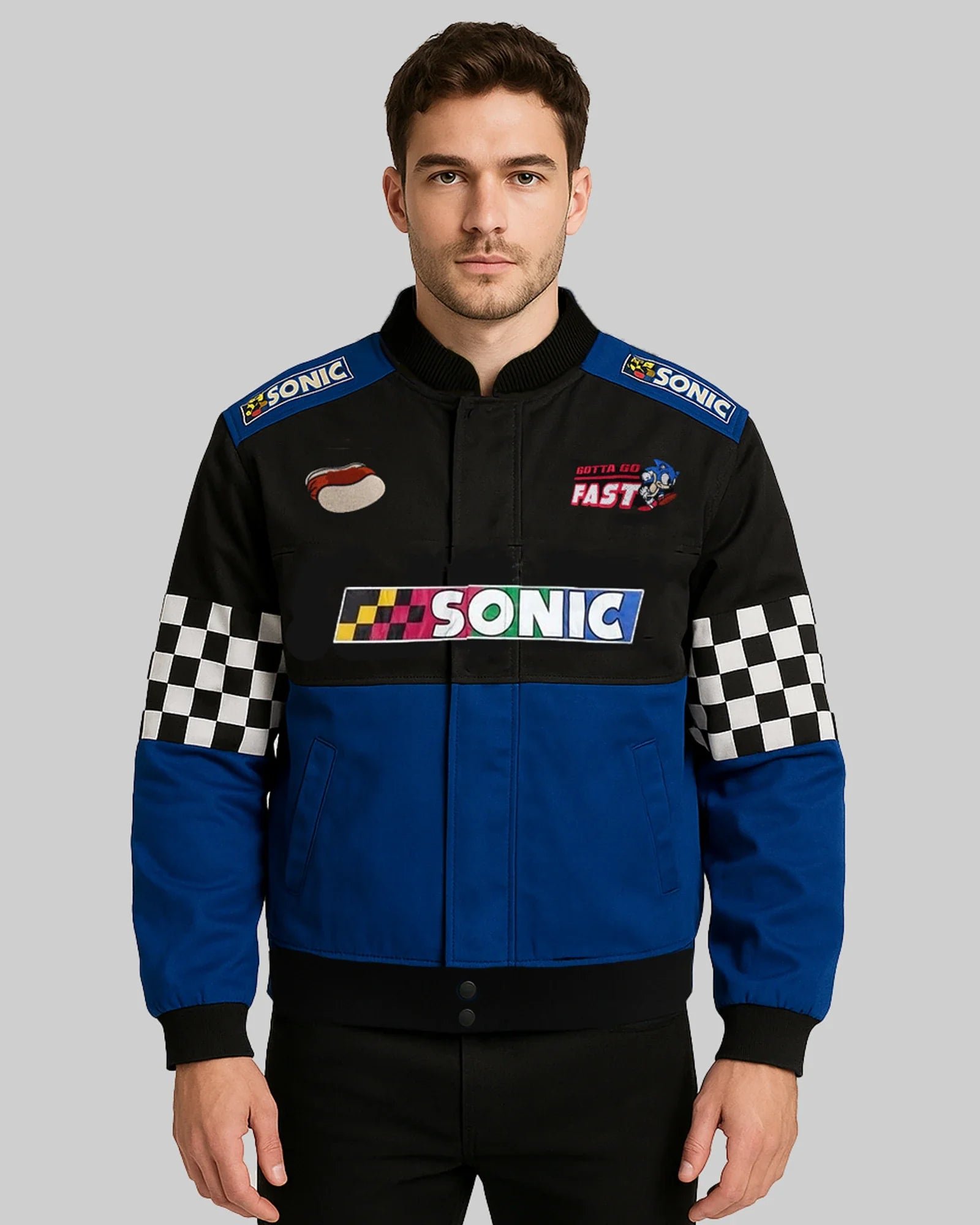 Sonic-The-Hedgehog-Checkered-Racing-Jacket-Front-Side-View Sonic-The-Hedgehog-Checkered-Racing-Jacket-Front-Side-View