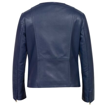 Women Biker Jacket Collarless, Midnight Blue Zing Apparel