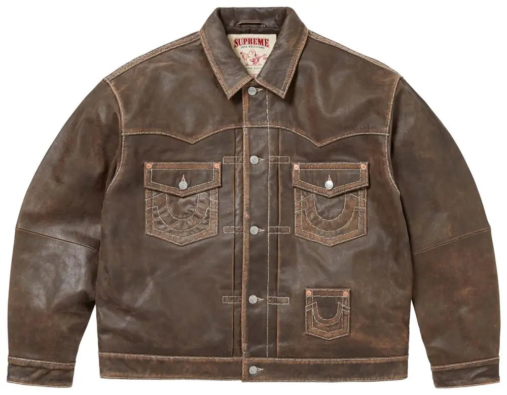 Supreme_X_True_Religion_Leather_Trucker_Jacket_Brown Supreme X True Religion Leather Trucker Jacket Brown - Image 1