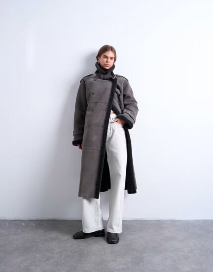 Topshop-Longline-Aviator-Faux-Shearling-Coat-In-Gray