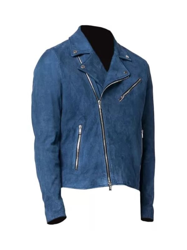 Blue Zipper Suede Leather Jacket, Blue Zing Apparel