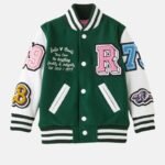 Leather Varsity Jacket For Women in Green & White Zing Apparel