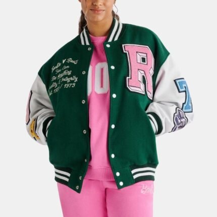 Leather Varsity Jacket For Women in Green & White Zing Apparel