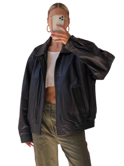 90â€™s Style Leather Bomber Jacket Women, Black Zing Apparel