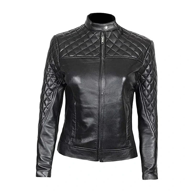 Womens-Slim-Fit-Black-Quailed-Leather-Jacket Slim Fit Quited Leather Biker Jacket Women Zing Apparel