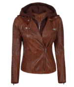 Women Leather Jacket With Hood Cognac Zing Apparel