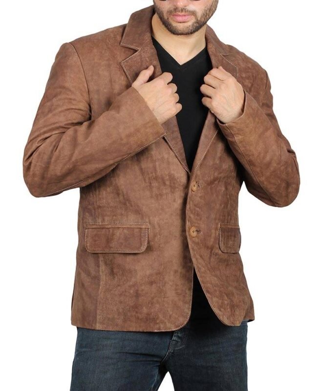 Exclusive 2 Buttons Leather Blazer Men, Brown Zing Apparel