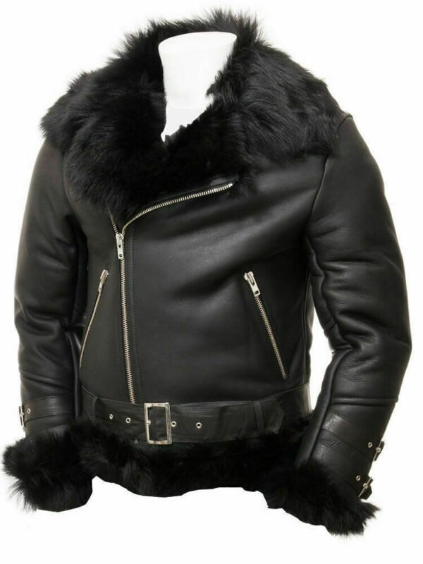 Black Leather Shearling Jacket For Men - flying Toscana Zing Apparel