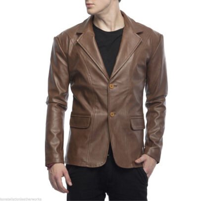 2 Button Lambskin Leather Blazer Men, Brown Zing Apparel