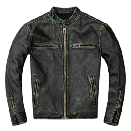 Classic Biker Distressed Cow Leather Jacket, Front