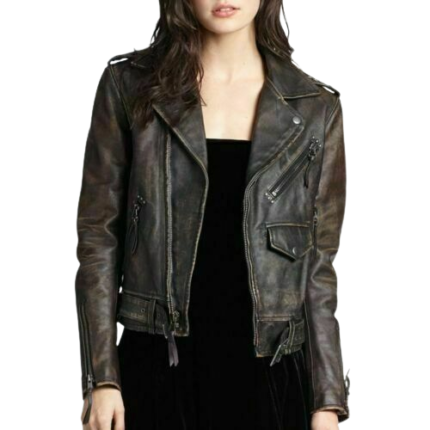 Distressed Leather Biker Jacket Women, Brown Zing Apparel